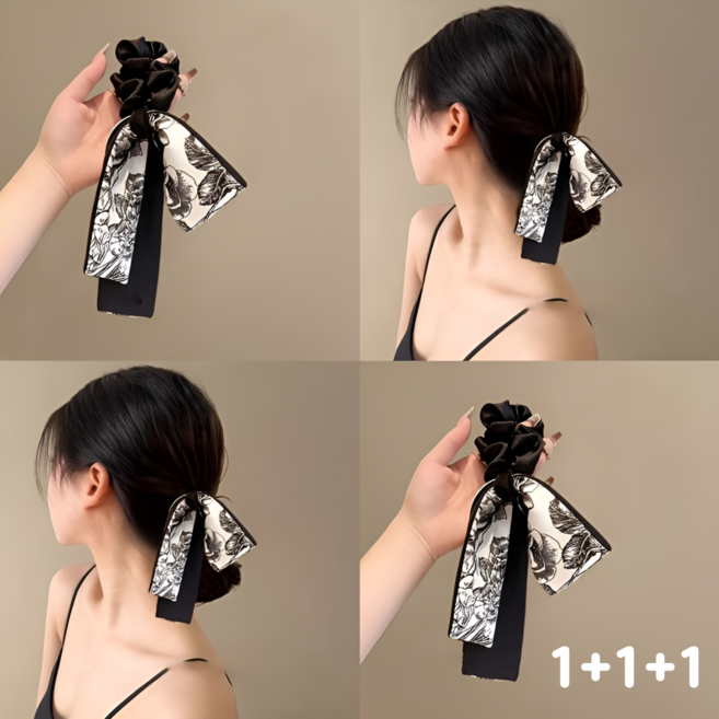 감성 수묵화 새틴 스카프 곱창밴드 여신머리 머리끈 3p 세트