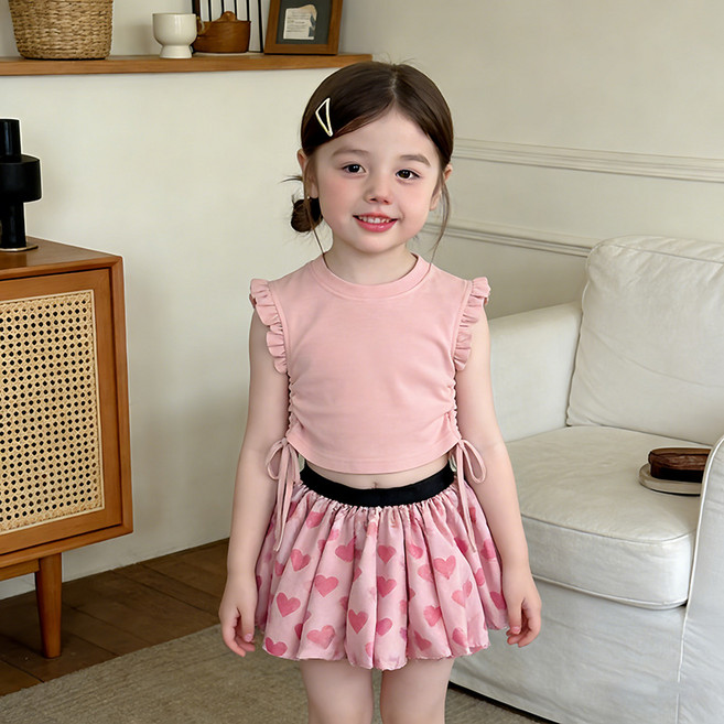 여아 파스텔톤 민소매 티셔츠 플라워 치마 바지 상하복 세트 키즈 주니어 나들이