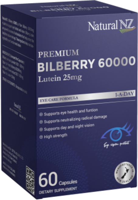 내추럴엔젯 뉴질랜드 눈에 좋은 눈 빌베리 60000mg 루테인 25mg 60캡슐, 1개, 60정