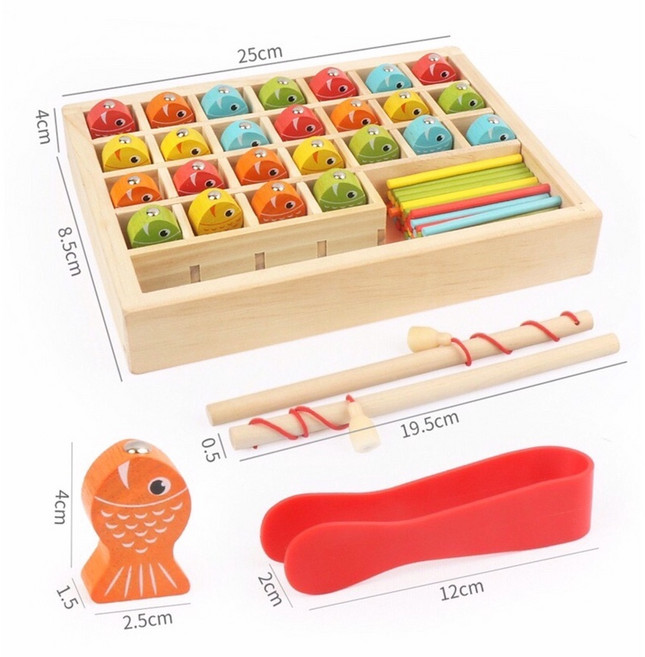 木製釣魚玩具E1J 多功能磁性釣魚遊戲 數字學習盒 數字數數棒 小魚 收納盒 兒童益智玩具 學習教具, 1個, 彩盒