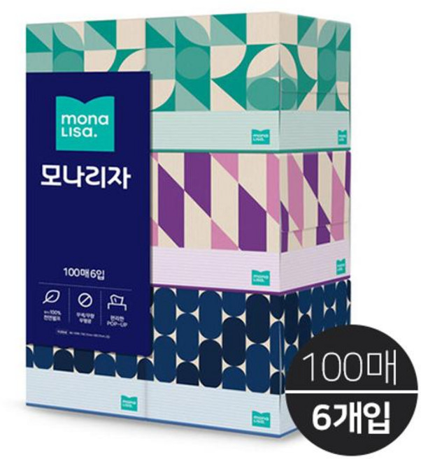 모나리자 모나리자미용티슈 2겹 100매 6입 각티슈 휴지 화장지 티슈, 6개
