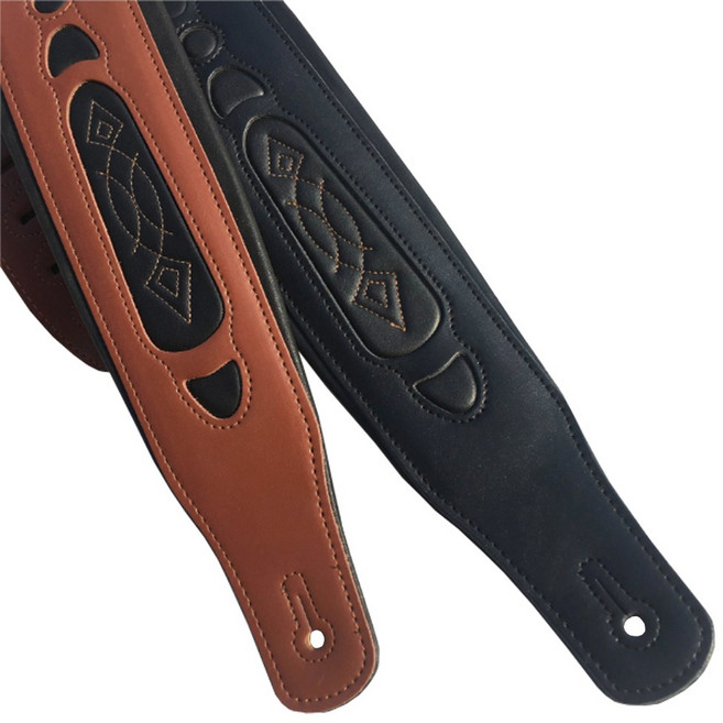 고급 기타 와이드 소가죽 자수 스트랩 어깨끈, 블랙+브라운, 1개