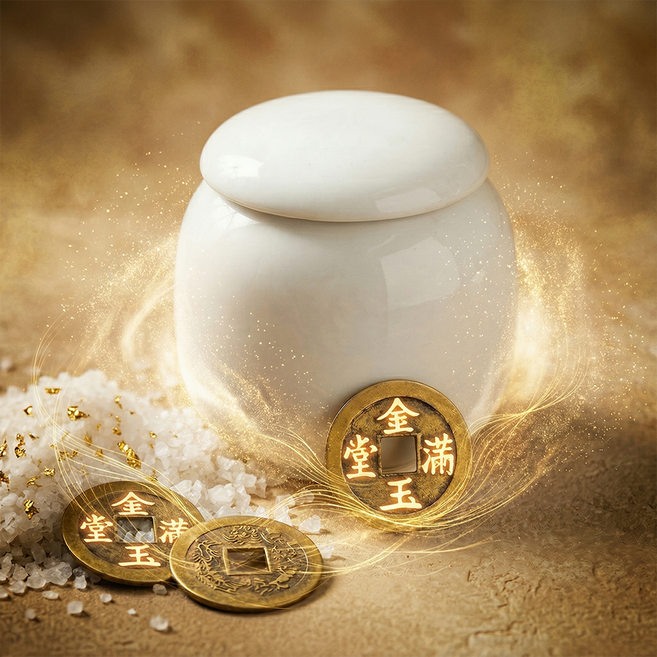 에클라 돈굴러오는 재물복 재물운 풍수 행운 액막이 소금단지 엽전 항아리, 화이트
