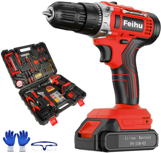 21V 무선 전동드릴 충전식 가정용 드릴 드릴비트 풀세트 DIY 전동공구, 1개