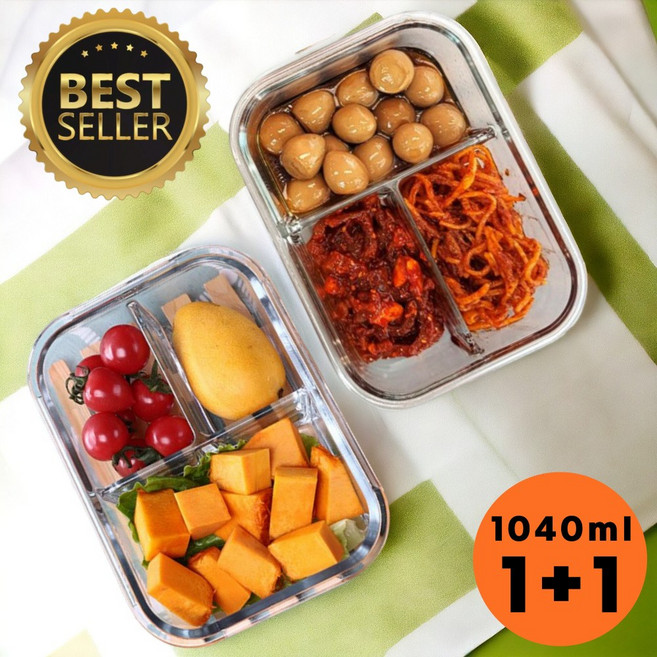 일상쏙 3칸 유리 나눔 반찬통 밀폐용기, 스퀘어 3구형, 2세트