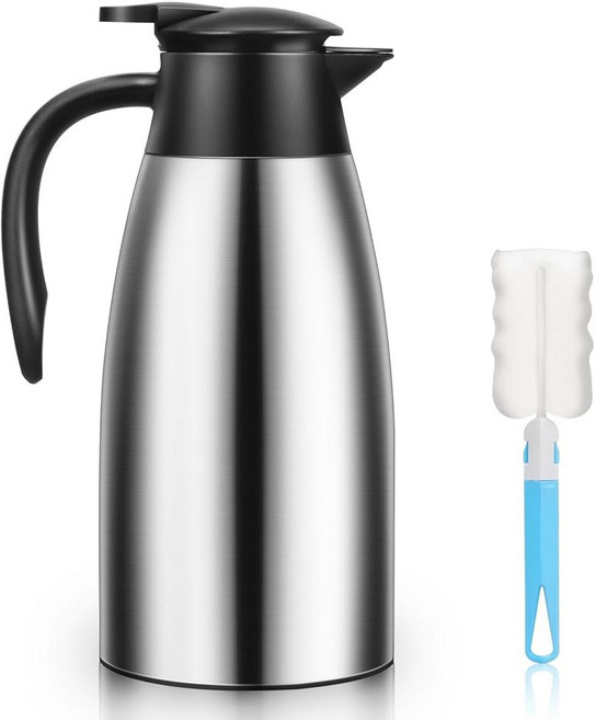 2 PCS 68 OZ 보온 커피 카라페 단열 스테인리스 카라페 이중벽 진공 냄비 플라스크 따뜻한 차를 집과 사무실에 보관할 수 있는 브러시 보온병 (골드), Silver, 1
