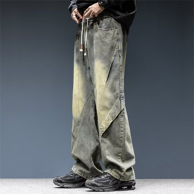 TKX 남성 와이드 스트레이트 데님 팬츠 스트링 밴딩 캐주얼 스트릿 패션 트렌디 청바지 힙합 스타일 사계절 데일리