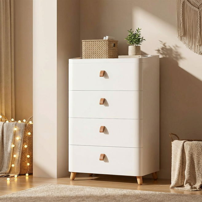 주혜 모던 와이드 우드상판 460mm 서랍장 거실 수납, 4단, 화이트
