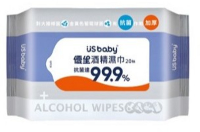 優生酒精濕巾80抽超厚型抗菌達99.9% US BABY, 1個, 酒精濕巾20抽/包