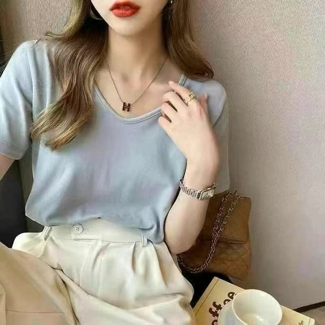 V領短袖T恤 純棉寬鬆百搭上衣 夏季女裝
