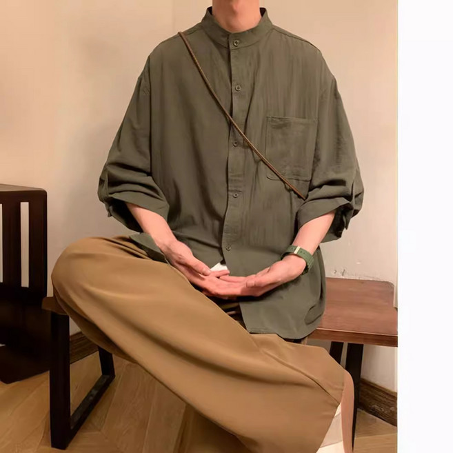 【國風高級感】中式襯衫 男裝襯衫 復古襯衫 立領襯衫 短袖襯衫 國潮男裝 純黑色 新中式設計 夏季薄款 商務休閒兩用