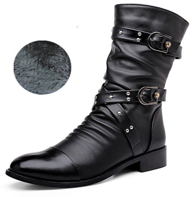 FANSYLI 가을 겨울 부츠 남성 미끄럼 방지 라이더 부츠 패션 하이 통 리벳 가죽 부츠 X24N710