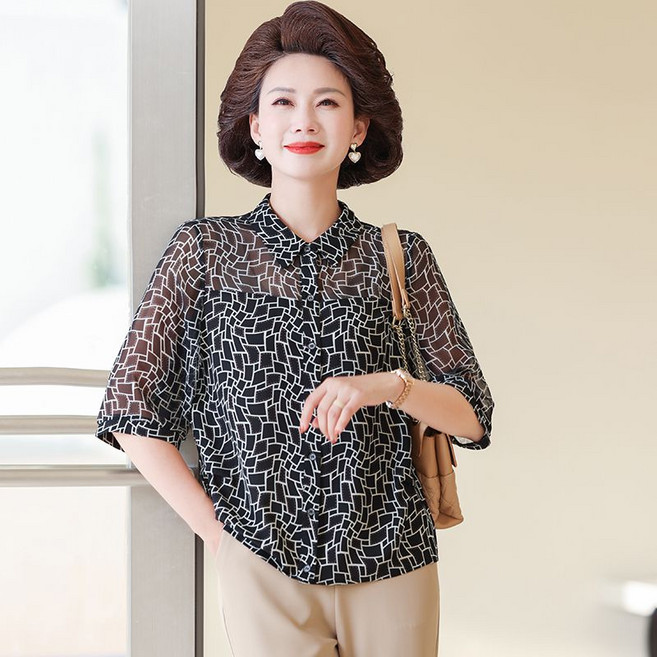 중년 여성 블라우스 티셔츠 봄 여름 캐주얼 기질 쉬폰 티셔츠 엄마 루즈핏 얇은 칠부소매 상의 SJS