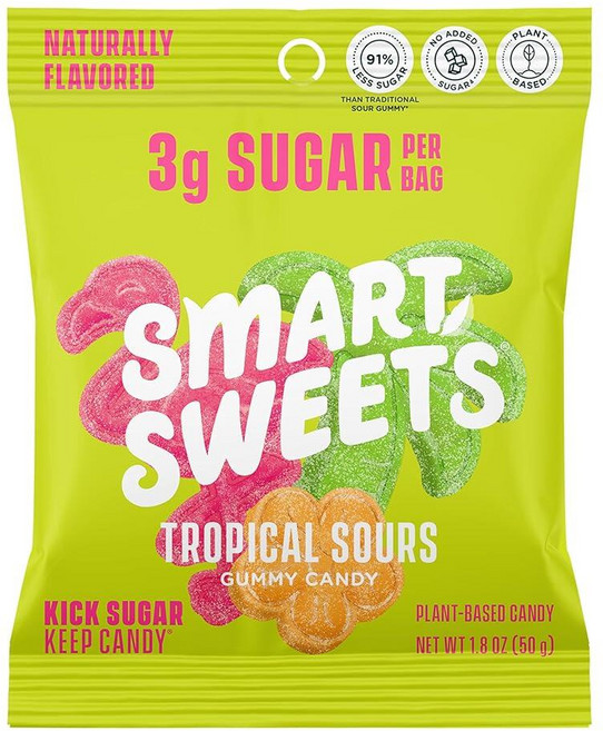 SmartSweets Sourmelon bites 저설탕 젤리 캔디 (3g) 저칼로리 (130) 글루텐 프리 -51g(1.8온스) (12팩) 포장은 다를 수 있습니다, Tropical Sours