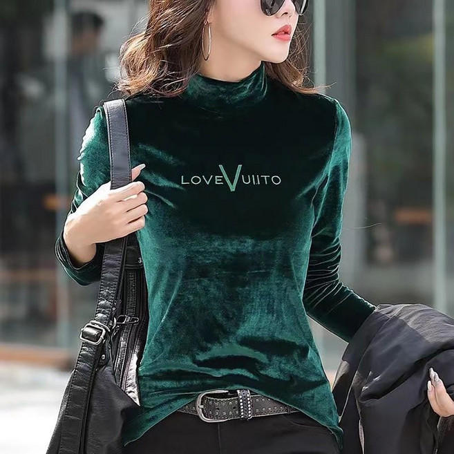 ROYALBELLE 여성 벨벳 반폴라 긴팔 티셔츠 슬림핏 이너 데일리 이너 티셔츠 E0091803