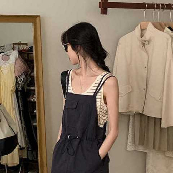 韓系工裝揹帶裙洋裝長裙 寬鬆顯瘦氣質休閒長款吊帶裙子 條紋背心