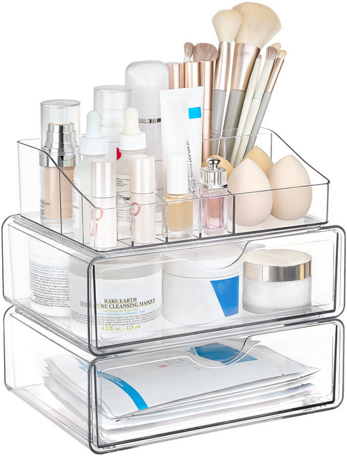 Vtopmart 아크릴 대용량 화장품 정리함 투명색 2단 1세트, 분명한, 3