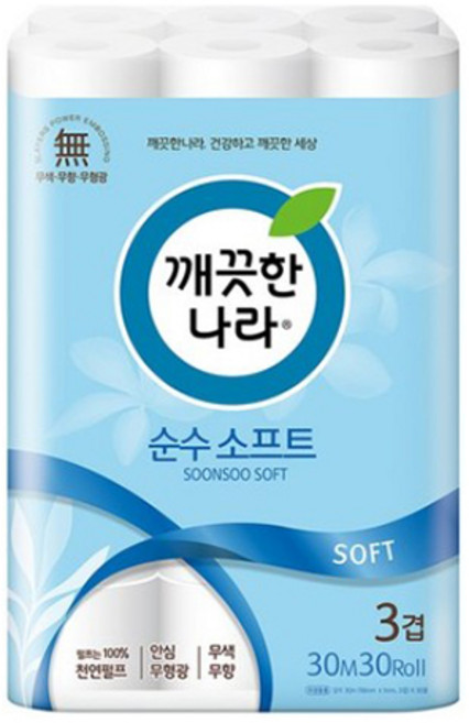 깨끗한나라 순수 소프트 3겹 화장지, 30m, 30롤, 1개