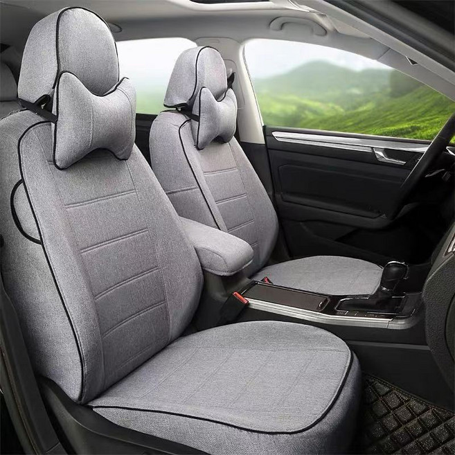 全包四季通用亞麻汽車坐墊布藝26新款座椅套布座墊全包圍汽車座套, 經典款-灰色黑邊,正副駕駛兩座, 1個