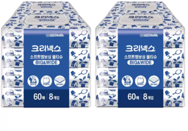 크리넥스 소프트 엠보싱 물티슈 캡형 60매x 8 x 2팩, 8개입, 2개
