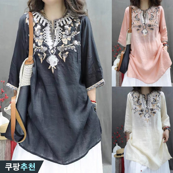 (완전 편한) 80kg까지 여성 예쁜 린넨 플라워 자수 시원한 롱 반팔 티 여름 7부 칠부 소매 루즈핏 면 마 쿨 에스닉 핑크 흰색 중년 엄마옷 큰옷 여성의류 여자 티셔츠