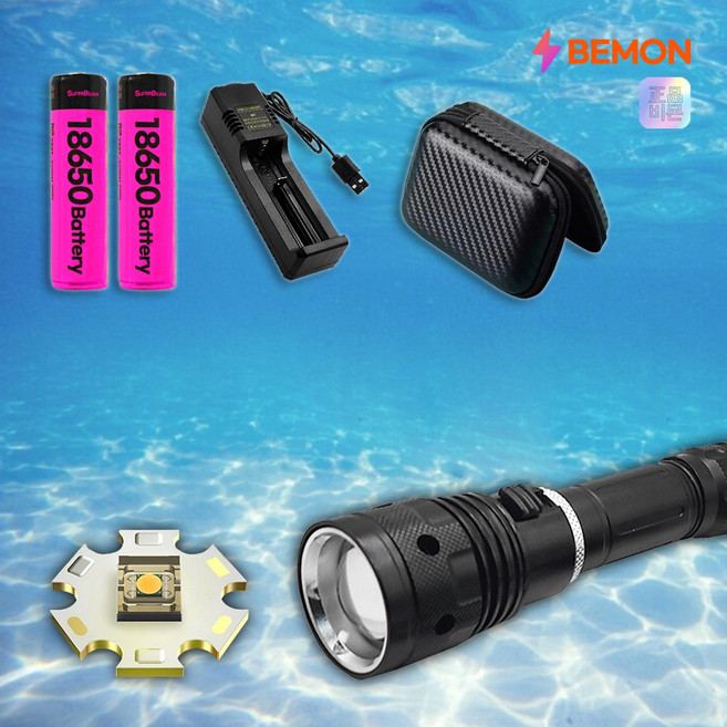 완전방수 초강력 레이저 LED 충전식 손전등 수중 랜턴 다이빙 후레쉬, 1개