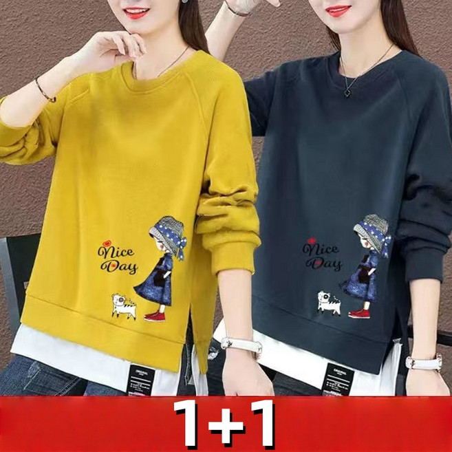 타임퓨어 1+1 여성 맨투맨 긴팔티셔츠 캐주얼 슬림핏 귀엽다 가짜 투피스 긴팔티 라운드 맨투맨상의 여성가을티 의류