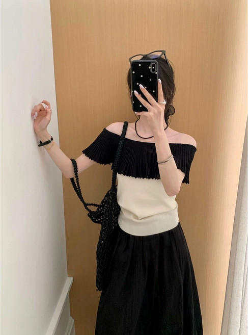 COSYEVNO 봄여름 여성 오프숄더 반팔 배색 슬림 니트 탑 LFHnstx-8