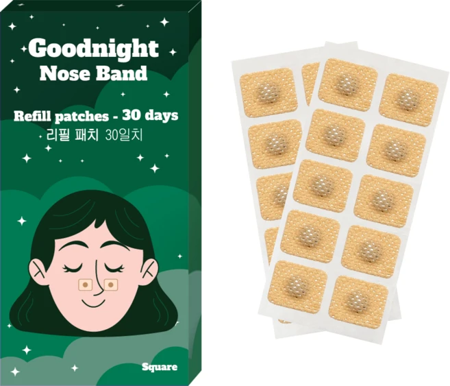 굿나잇 노즈밴드 (리필) NEW Square - 비강확장기(자석코밴드/코골이 방지 밴드) 리필 탭 자석 탭 리필 스트립 60pc (30일치), 1개 - 쿠팡