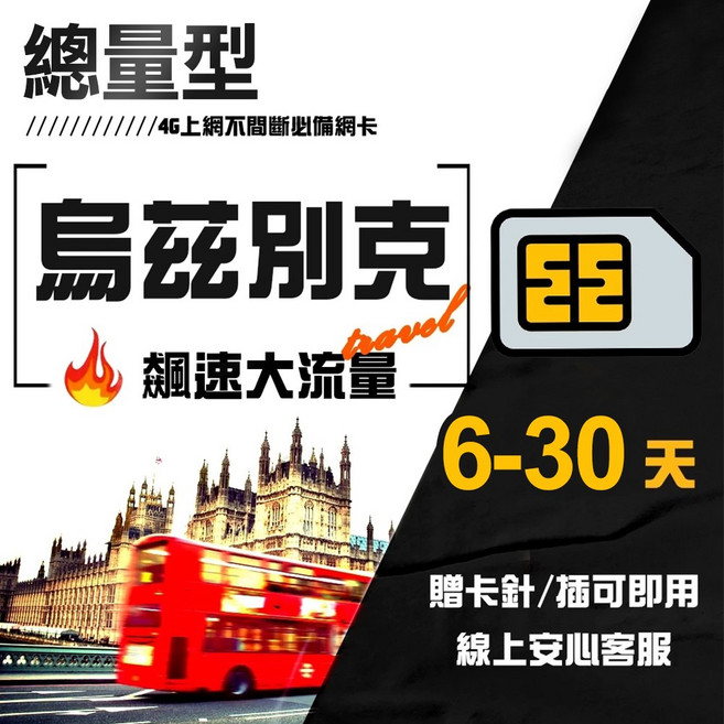 烏茲別克總量型吃到飽SIM卡 免開卡即用 分享旅行點滴, 1個, 25天, 期間總量30GB高速