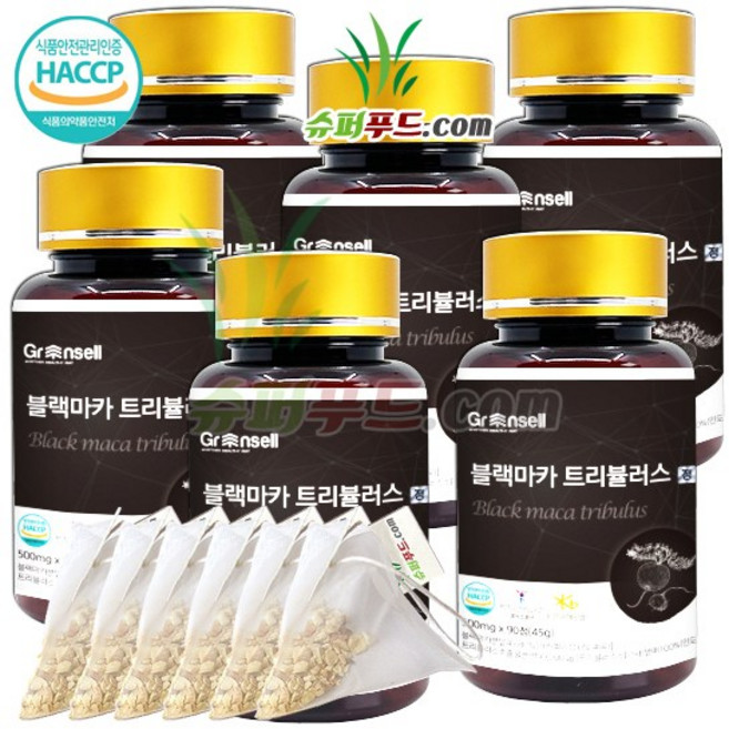 HACCP 식약처 인증 블랙마카 젤라틴화마카 l 아르기닌 트리뷸러스 비타민 남가새 치커리 뿌리 분말 산수유 홍삼농축 bcaa 블랙 마카 트리뷸러스정 + 슈퍼푸드.com 연자육 티백, 6세트, 90정