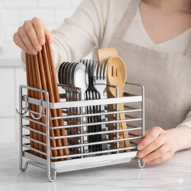 클레리아 세척 건조 편리한 3구 수저통, 실버, 1개