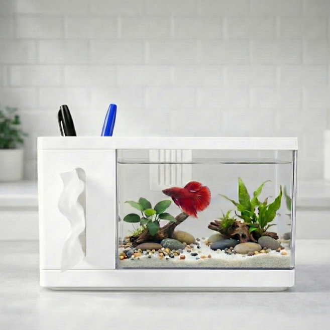 탁상용 미니 어항 연필꽂이 일체형 수조 데스크테리어 베타 구피 키우기, 1개, 화이트
