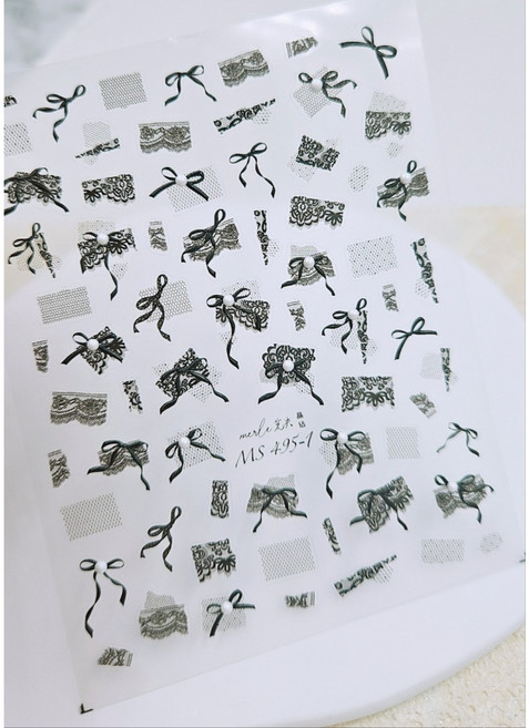 고네일 / 토모니 고급 파스텔 레이스 블랙쉬폰 진주 리본 네일 스티커 3종 (택1), 1개, 블랙 레이스 리본 495-1
