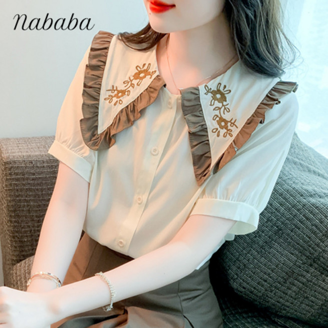 나바바 NB866 여성 러블리 플라워 프릴 빅카라 블라우스