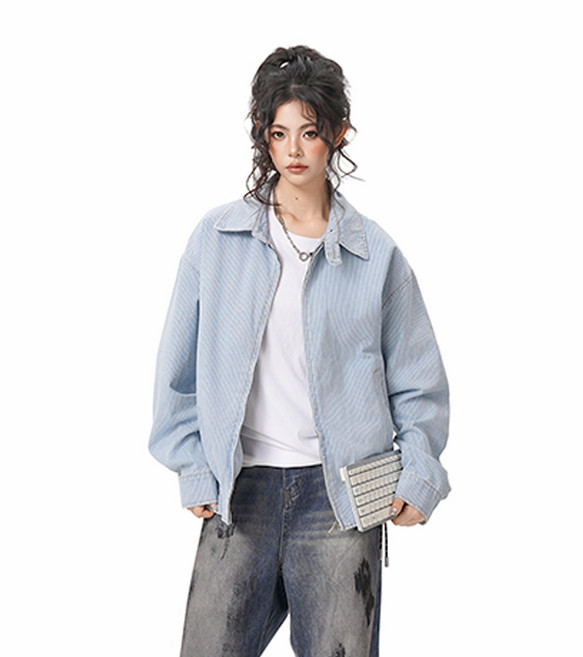 ANYOU 여성 베이비블루 세로줄 스트라이프 블루종 자켓 오버사이즈 데일리 캐주얼 가을 봄 자켓