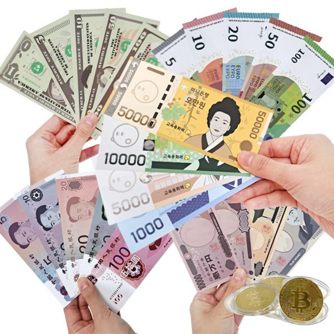 퍼니소피 소장용 세계 여러 나라 화폐 세트 24종 보관함포함 원 달러 유로 위안 엔 비트코인, 단품, 1개