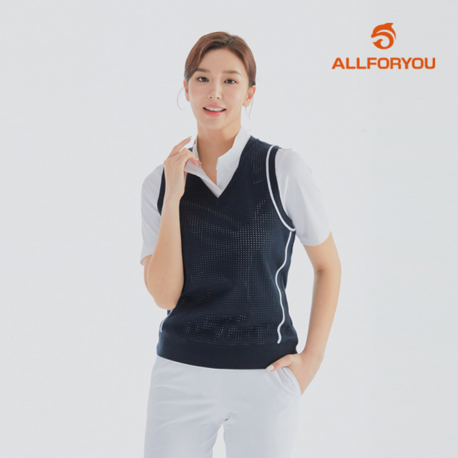 [올포유] [모델착장] 여성 펀칭 짜임 배색 브이넥 니트 베스트 AWSVL3268-915_G