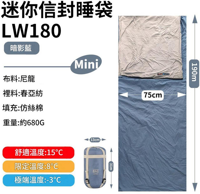 迷你輕量化夏季尼龍睡袋 LW180 舒適溫度15°C, 小號暗隱藍W180 羽絨棉 380T20D尼龍面料, 1個