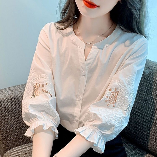 패션고리 라운드 레이스 하객 여성 여름 블라우스 ZX041