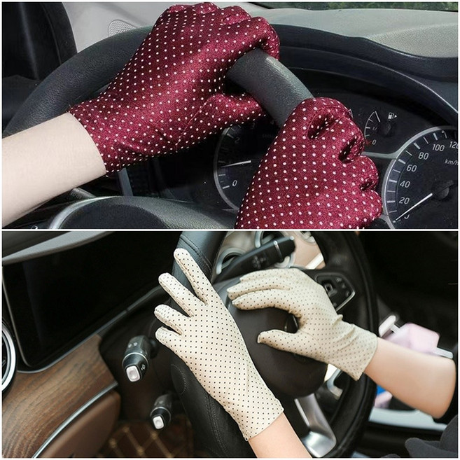 예삐스토어 여성 땡땡이 운전 장갑 도트 스판 자외선 차단 여름 야외활동 운전용, 1세트, 버건디+아이보리