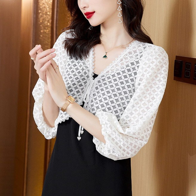 ORZQU 여름 여자 퍼프소매 펀칭 레이스 숏 케이프 여성 슬리브 스커트 작은 키 얇은 카디건 레이어드