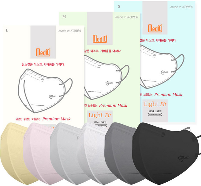 (국산)여름용 메디치 라이트핏 KF94 새부리형 숨편한 귀편한 보풀없는, 5매입, 20개, 대형 화이트
