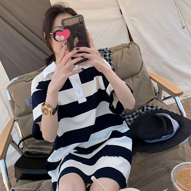 스타일아유 여성 스트라이프 카라 원피스 반팔 오버핏 원피스[AYA8OP0142]