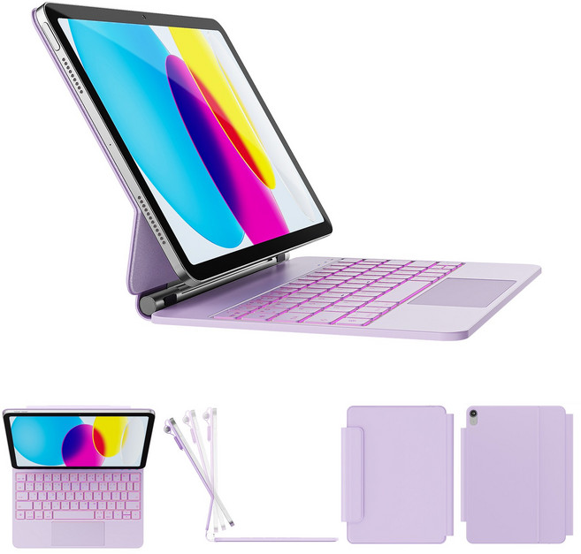 한국형 매직 키보드 아이패드 10세대 / 아이패드 11세대 (A16)용 11색 백라이트 키+트랙패드 방오염 가죽, 퍼플, 1개
