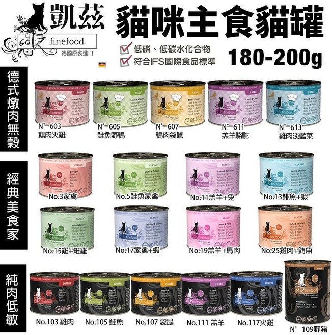 德國 CATZ 凱茲 貓咪主食罐頭 180g-200g 經典美食家 單一純肉低敏 德式燉肉無穀, 1個, 經典罐- No.11羔羊+兔200g,單罐(超取最多限12罐)