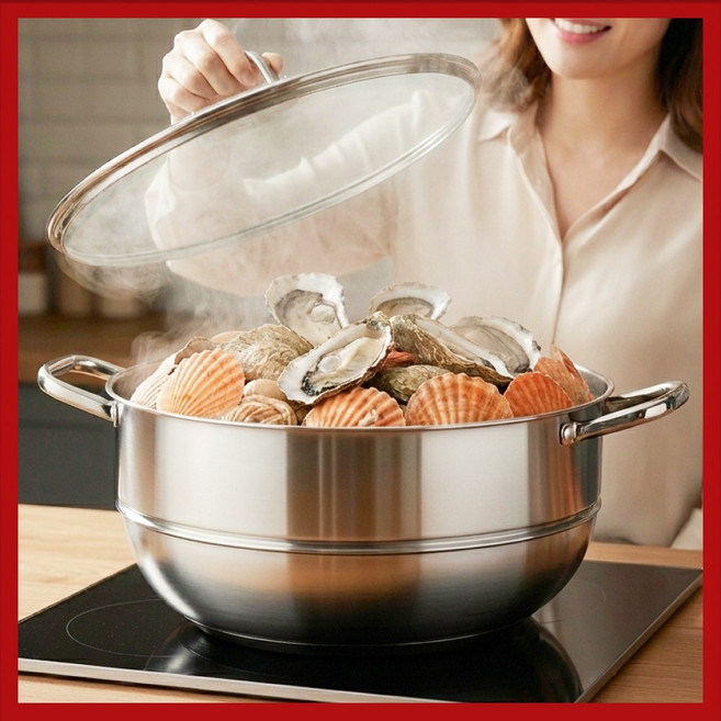 리쿡 특대형 인덕션 스테인레스 가정용 찜기+전골냄비 세트, 1개, 34cm