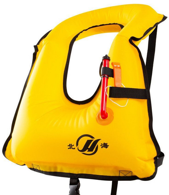 充氣式掛脖成人救生衣, 黃色簡易吹氣款（人工吹氣使用）,均碼
