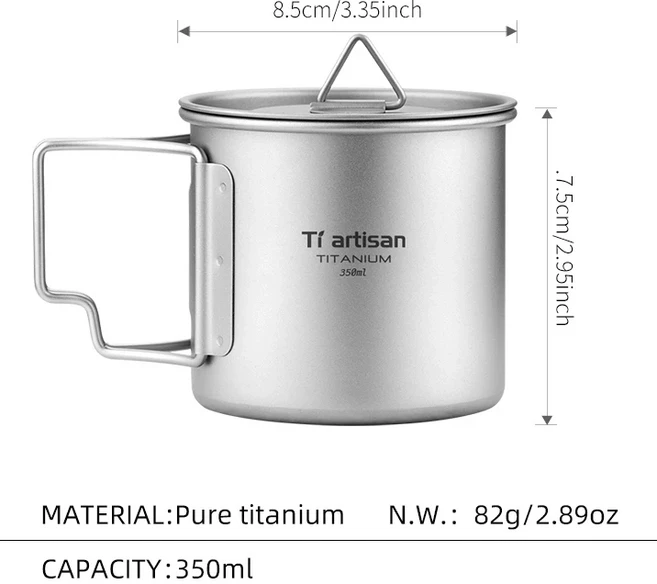 Tiartisan 350ml 컵 하이킹 식기 Fodable Handle 뚜껑이있는 커피 경량 서리로 덥은 머그잔, 01 Ta8303-350ml