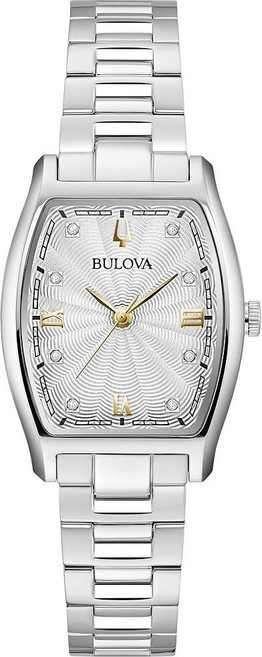 [미국수입정품] 부로바 Bulova 여성용 드레스 클래식 다이아몬드 3핸드 쿼츠 시계 스테인리스 스틸 팔찌 26x35mm 케이스 실버 296945